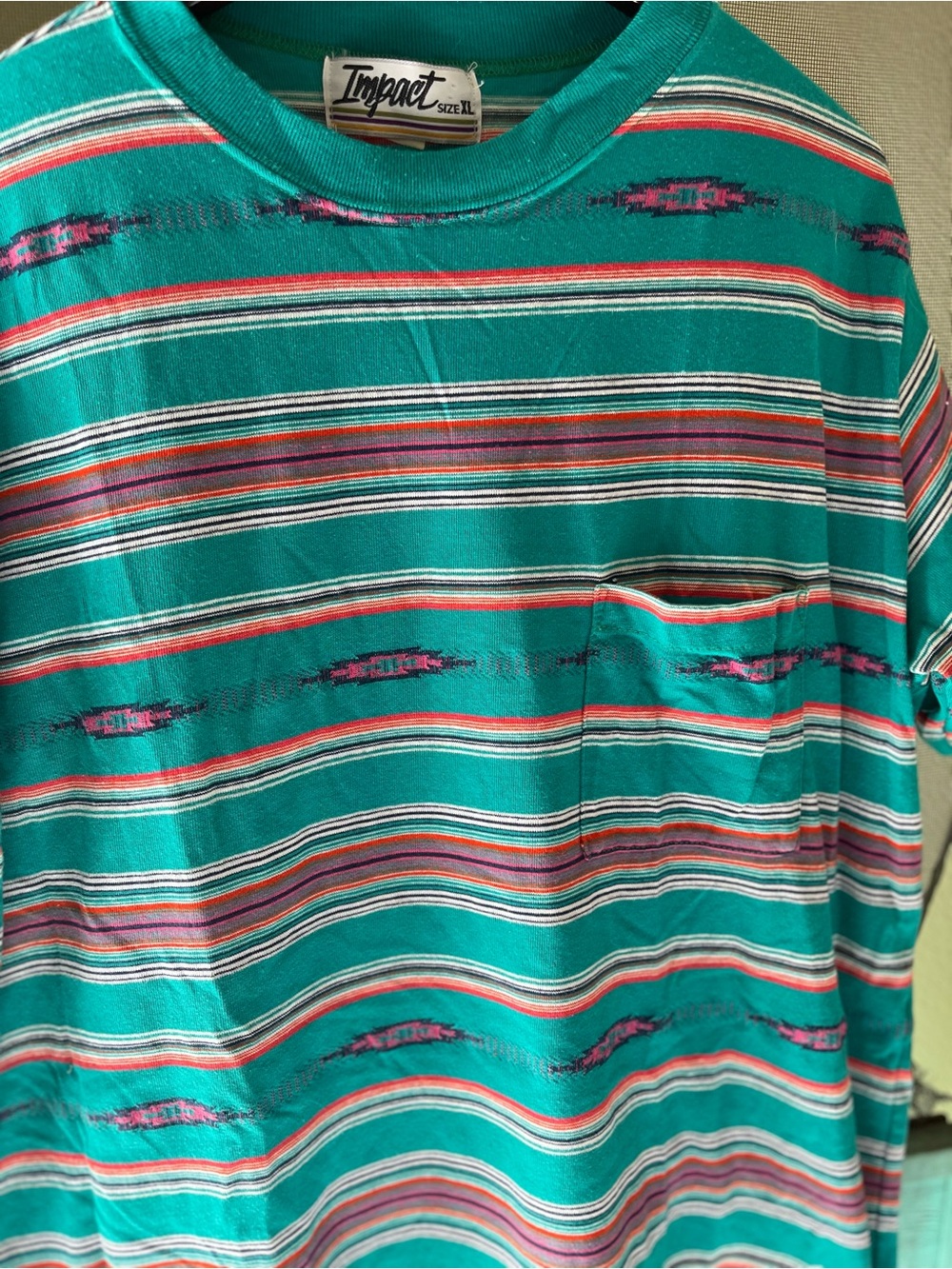 ImPact Men’s Teal Multicolor Striped Pocket Short Sleeve Tee